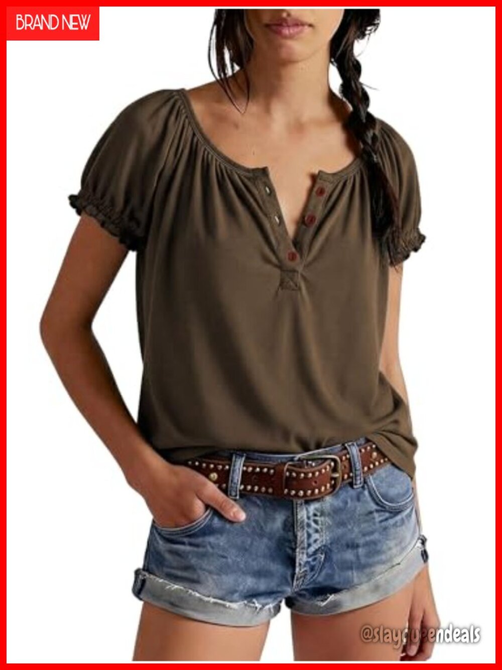 Puff Sleeve Henley Blouse - Loose Fit Short Sleeve Tee with Ruffle Cuff - Picture 2 of 6
